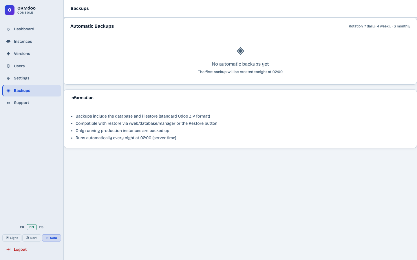Automatic backups page