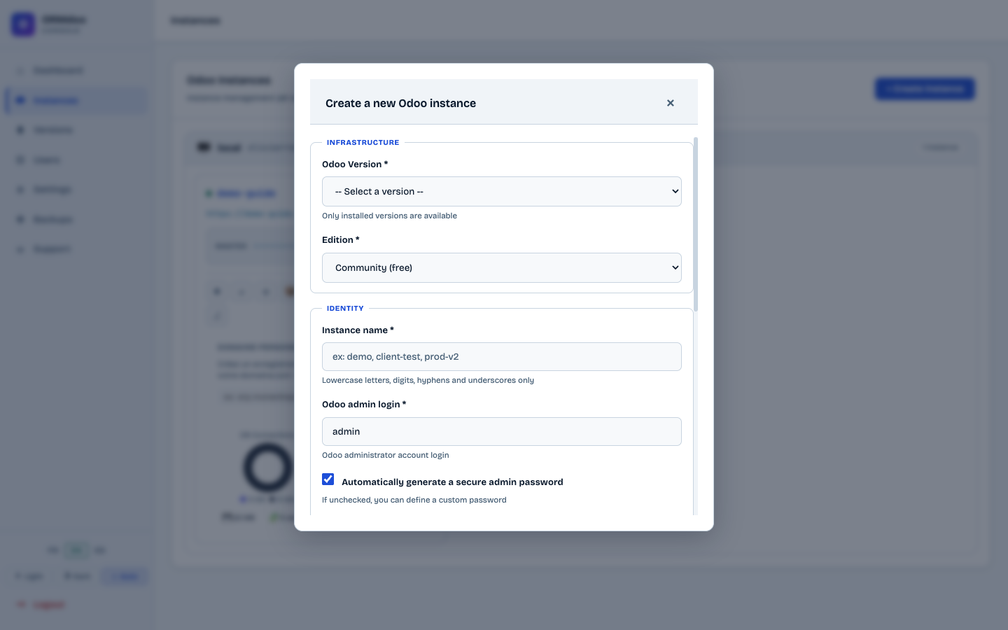 Instance creation form