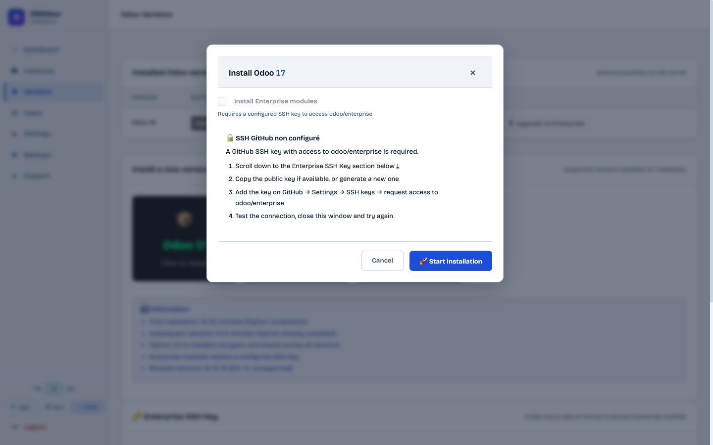 Installation confirmation modal
