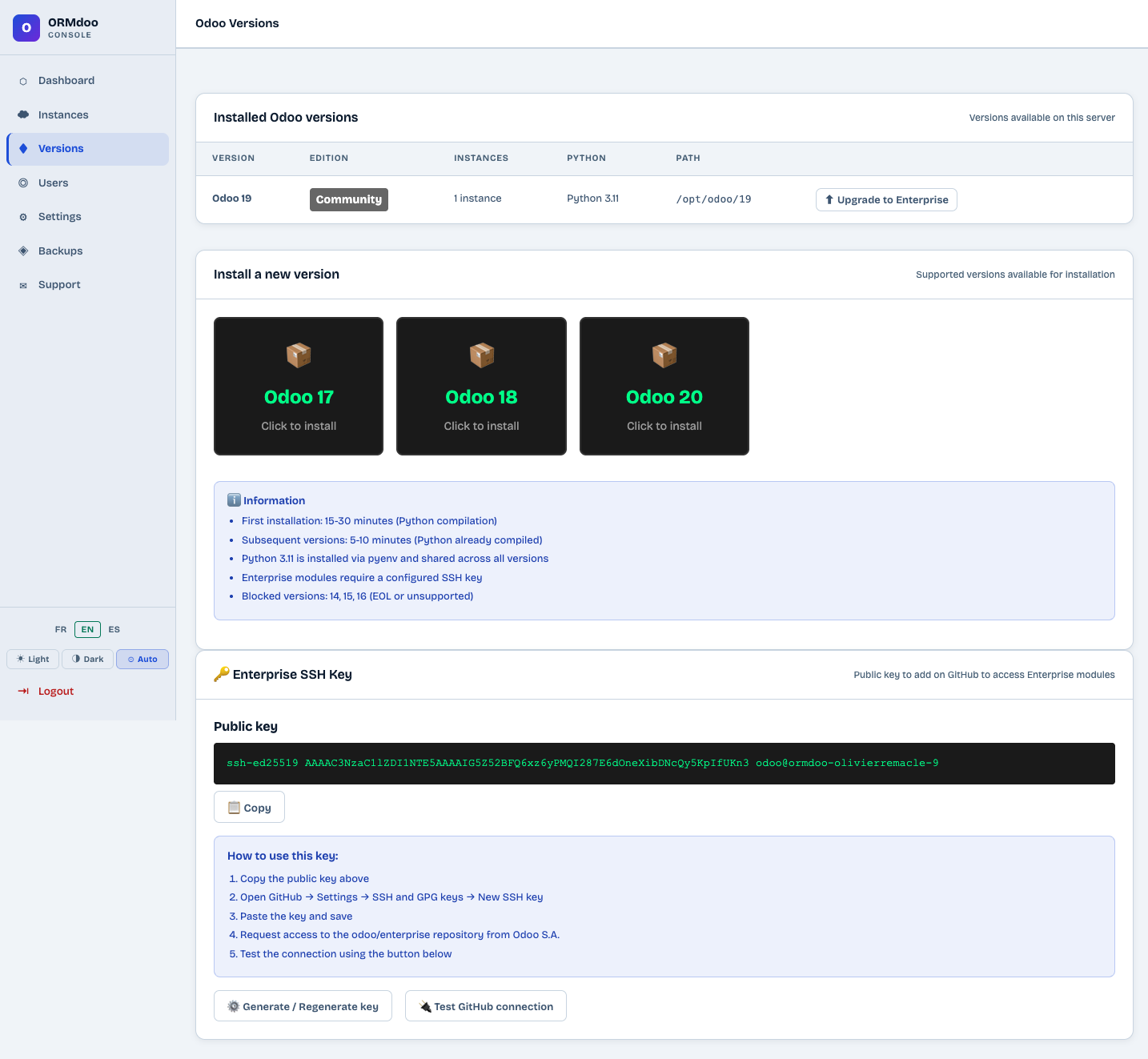 Installed Odoo versions